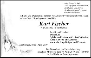 Traueranzeige von Kurt Fischer von Giessener Allgemeine, Alsfelder Allgemeine