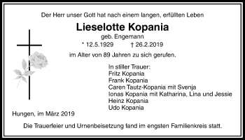 Traueranzeige von Lieselotte Kopania von Licher Wochenblatt