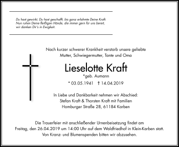 Traueranzeige von Lieselotte Kraft von Wetterauer Zeitung