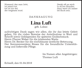 Traueranzeige von Lina Luft von Wetterauer Zeitung