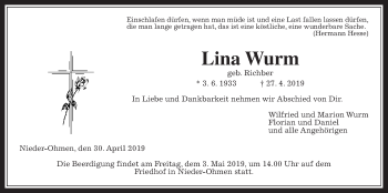 Traueranzeige von Lina Wurm von Alsfelder Allgemeine