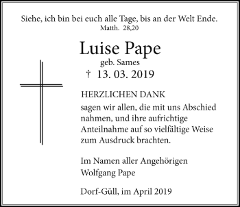 Traueranzeige von Luise Pape von Licher Wochenblatt