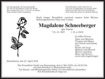 Traueranzeige von Magdalene Schneeberger von Wetterauer Zeitung