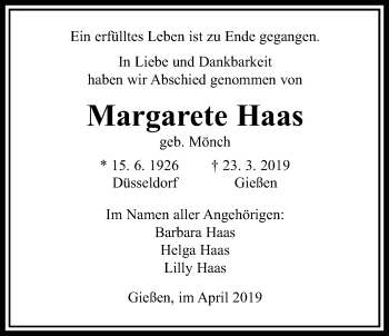 Traueranzeige von Margarete Haas von Giessener Allgemeine, Alsfelder Allgemeine