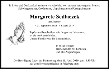 Traueranzeige von Margarete Sedlaczek von Wetterauer Zeitung