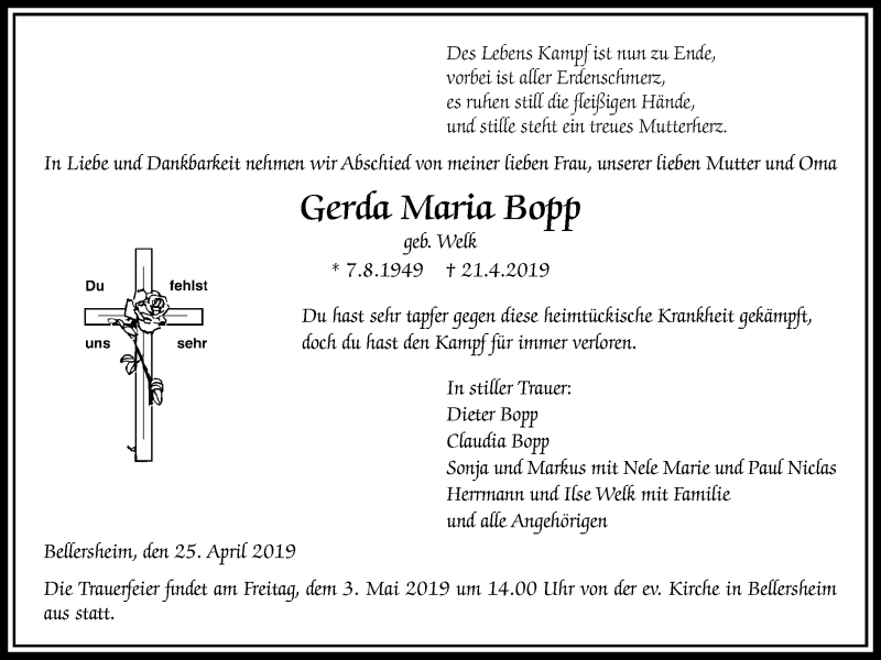  Traueranzeige für Maria Gerda Bopp vom 25.04.2019 aus Licher Wochenblatt