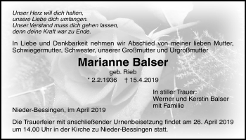 Traueranzeige von Marianne Balser von Licher Wochenblatt