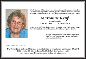 Traueranzeige von Marianne Reuß von Wetterauer Zeitung