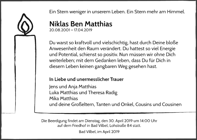 Traueranzeige für Niklas Ben Matthias vom 25.04.2019 aus Bad Vilbel/Karben