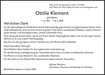 Traueranzeige von Ottilie Klement von Giessener Allgemeine, Alsfelder Allgemeine