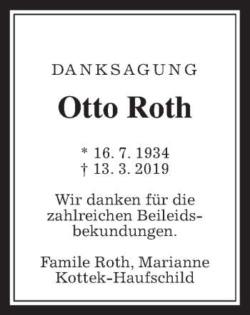Traueranzeige von Otto Roth von Giessener Allgemeine, Alsfelder Allgemeine