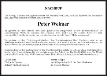 Traueranzeige von Peter Weimer von Wetterauer Zeitung