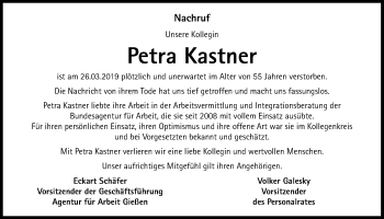 Traueranzeige von Petra Kastner von Giessener Allgemeine, Alsfelder Allgemeine