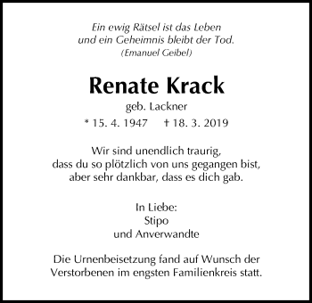 Traueranzeige von Renate Krack von Giessener Allgemeine, Alsfelder Allgemeine