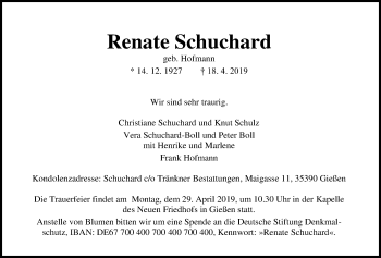 Traueranzeige von Renate Schuchard von Giessener Allgemeine, Alsfelder Allgemeine