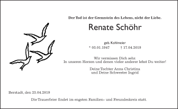 Traueranzeige von Renate Schöhr von Wetterauer Zeitung