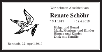Traueranzeige von Renate Schöhr von Wetterauer Zeitung