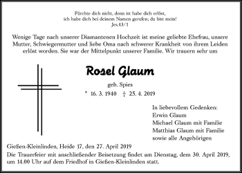 Traueranzeige von Rosel Glaum von Giessener Allgemeine, Alsfelder Allgemeine