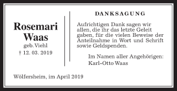 Traueranzeige von Rosemari Waas von Wetterauer Zeitung