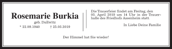 Traueranzeige von Rosemarie Burkia von Wetterauer Zeitung