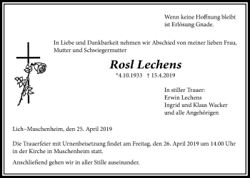 Traueranzeige von Rosl Lechens von Licher Wochenblatt