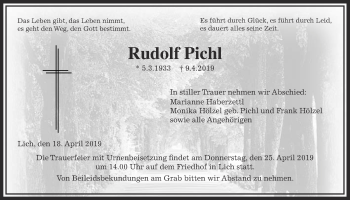 Traueranzeige von Rudolf Pichl von Licher Wochenblatt