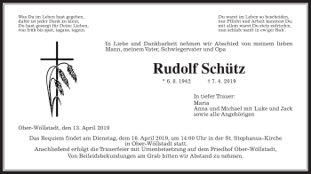 Traueranzeige von Rudolf Schütz von Wetterauer Zeitung