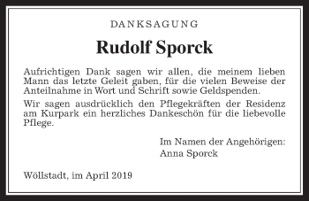 Traueranzeige von Rudolf Sporck von Wetterauer Zeitung