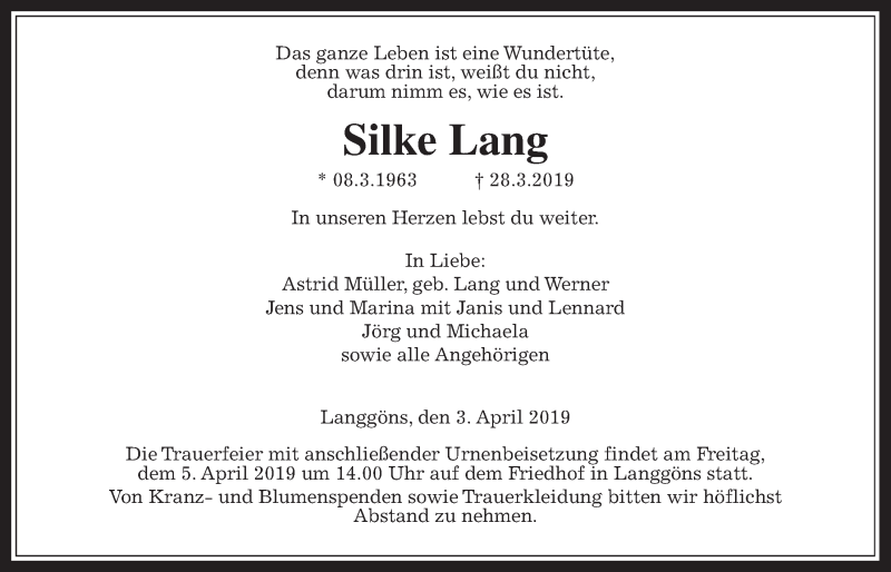  Traueranzeige für Silke Lang vom 03.04.2019 aus Giessener Allgemeine, Alsfelder Allgemeine