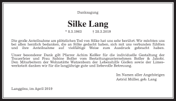 Traueranzeige von Silke Lang von Giessener Allgemeine, Alsfelder Allgemeine