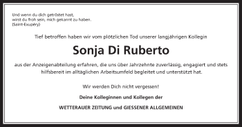 Traueranzeige von Sonja Di Ruberto von Wetterauer Zeitung, Giessener Allgemeine, Alsfelder Allgemeine