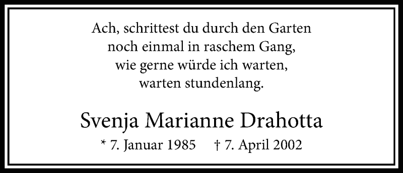  Traueranzeige für Svenja Marianne Drahotta vom 04.04.2019 aus Bad Vilbel/Karben