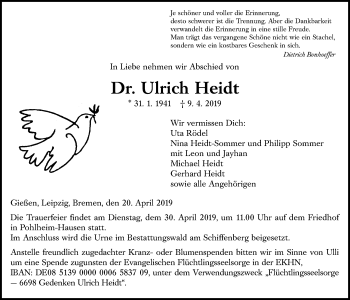 Traueranzeige von Ulrich Heidt von Giessener Allgemeine, Alsfelder Allgemeine