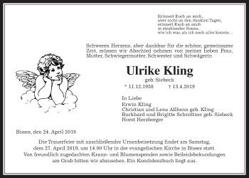 Traueranzeige von Ulrike Kling von Wetterauer Zeitung