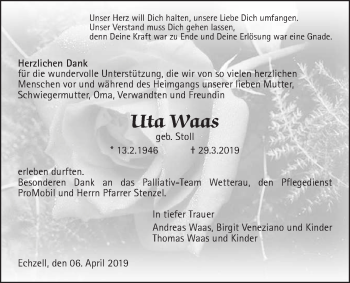 Traueranzeige von Uta Waas von Wetterauer Zeitung