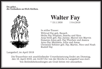Traueranzeige von Walter Fay von Giessener Allgemeine, Alsfelder Allgemeine