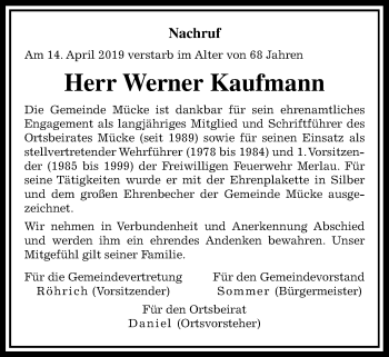 Traueranzeige von Werner Kaufmann von Mücker Stimme