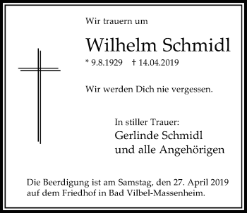 Traueranzeige von Wilhelm Schmidl von Bad Vilbel/Karben