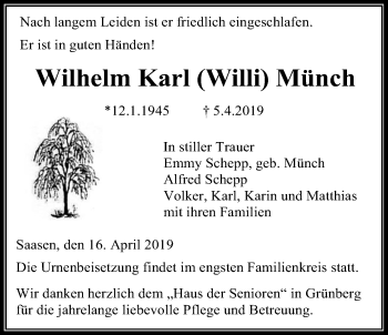 Traueranzeige von Wilhelm Karl Münch von Giessener Allgemeine, Alsfelder Allgemeine