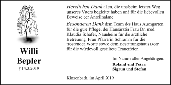 Traueranzeige von Willi Bepler von Giessener Allgemeine, Alsfelder Allgemeine