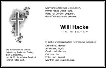 Traueranzeige von Willi Hacke von Giessener Allgemeine, Alsfelder Allgemeine