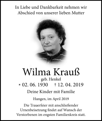 Traueranzeige von Wilma Krauß von Licher Wochenblatt