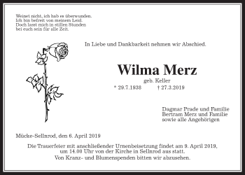 Traueranzeige von Wilma Merz von Alsfelder Allgemeine