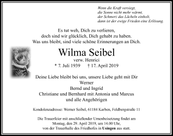Traueranzeige von Wilma Seibel von Bad Vilbel/Karben
