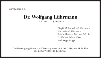 Traueranzeige von Wolfgang Lührmann von Giessener Allgemeine, Alsfelder Allgemeine