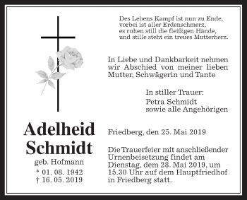 Traueranzeige von Adelheid Schmidt von Wetterauer Zeitung