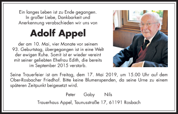 Traueranzeige von Adolf Appel von Wetterauer Zeitung