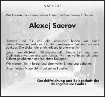 Traueranzeige von Alexej Saerov von Giessener Allgemeine, Alsfelder Allgemeine