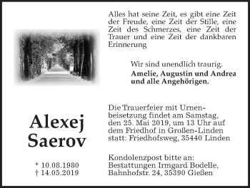Traueranzeige von Alexej Saerov von Giessener Allgemeine, Alsfelder Allgemeine