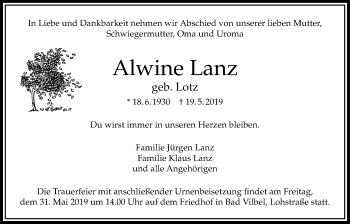 Traueranzeige von Alwine Lanz von Bad Vilbel/Karben